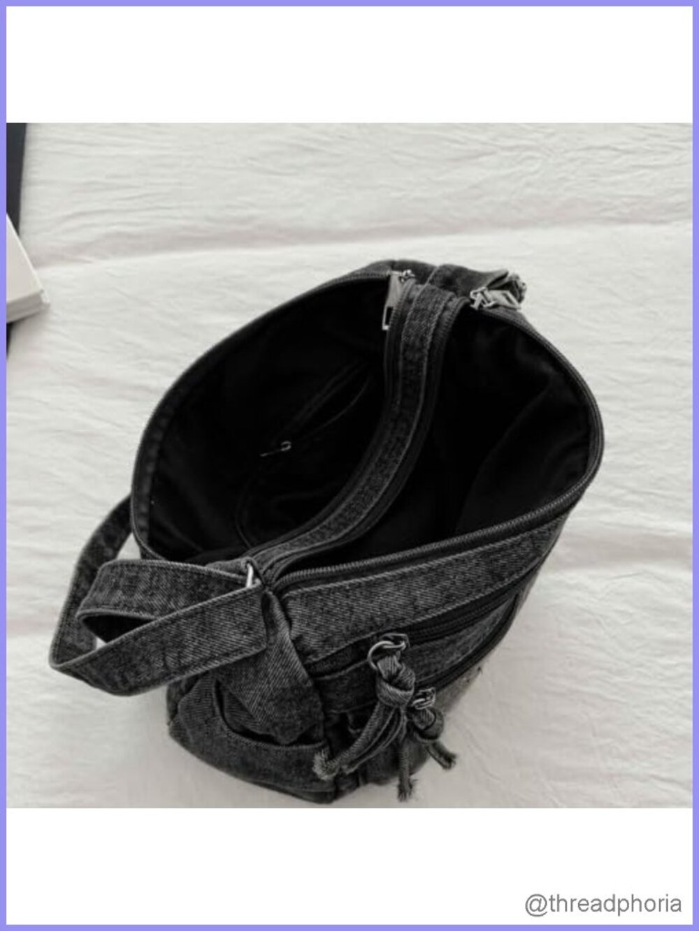 Cat Embroidered Denim Crossbody Bag Multi Pocket Jean Purse